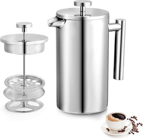 Miuly 21OZ French Press Coffee Maker 600ML Stainless Steel Coffee Press with 3 Level Filtration System, Double Wall Insulated French Press with 2 Filters, Silver in Saudi Arabia