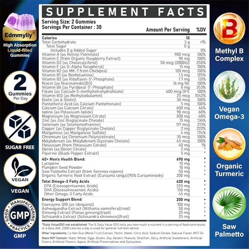 Multivitamin Gummies for Men 40 Plus - Vitamin A C D E B6 B12 with Omega-3 Calcium for Men - Energy & Immune Support Daily Vitamins - Sugar-Free & Vegan in Saudi Arabia