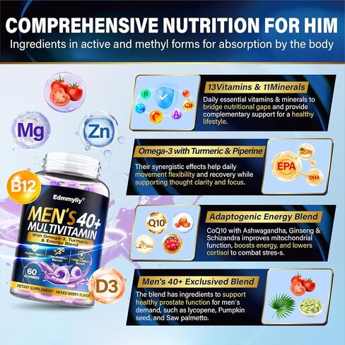 Multivitamin Gummies for Men 40 Plus - Vitamin A C D E B6 B12 with Omega-3 Calcium for Men - Energy & Immune Support Daily Vitamins - Sugar-Free & Vegan in Saudi Arabia