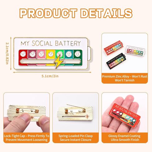 Social Battery Pin Set - 6 Pack My Social Battery Slider Pin with Replacements - Funny Enamel Pins for Backpacks, Bags & Jackets - Mood Expression Badges (White/Black/Orange/Pink/Cloud) in Saudi Arabia