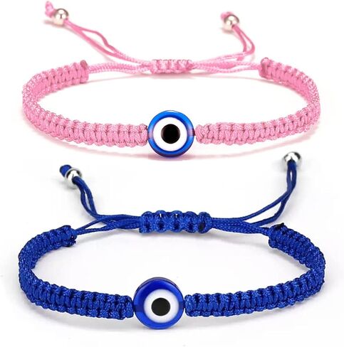 COLORFUL BLING Handmade Evil Eye Strand Bracelet for Couple Valentines Day Amulet Jewelry Gift, 2Pcs Braided Evil Eye Bracelet for Women Men Christmas Protection Jewelry-pink blue in Kuwait