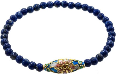 LTC Designs 4mm Smooth Round Lapis Lazuli Stretch Bracelet with an Oval Blue Cloisonné Centerpiece, 6.5" for Women, Men, and Young Adults in Kuwait