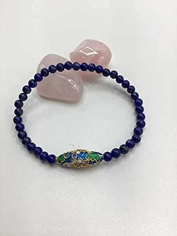 LTC Designs 4mm Smooth Round Lapis Lazuli Stretch Bracelet with an Oval Blue Cloisonné Centerpiece, 6.5" for Women, Men, and Young Adults in Kuwait