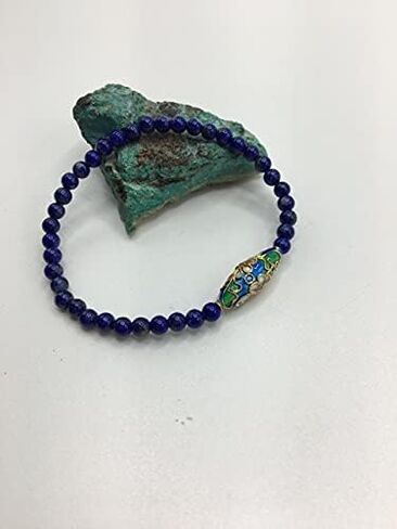 LTC Designs 4mm Smooth Round Lapis Lazuli Stretch Bracelet with an Oval Blue Cloisonné Centerpiece, 6.5" for Women, Men, and Young Adults in Kuwait