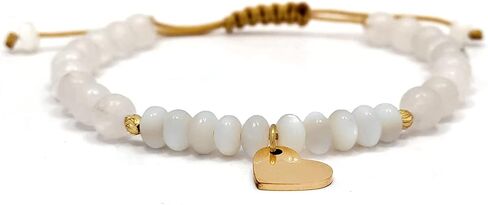 Adjustable White Jade & Mother of Pearl Bracelet for Women – Handmade Macrame Heart Charm Bracelet – Gift-Ready Jewelry for Small to Large Wrists by Mana Gallery in Saudi Arabia