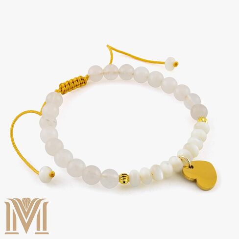 Adjustable White Jade & Mother of Pearl Bracelet for Women – Handmade Macrame Heart Charm Bracelet – Gift-Ready Jewelry for Small to Large Wrists by Mana Gallery in Saudi Arabia