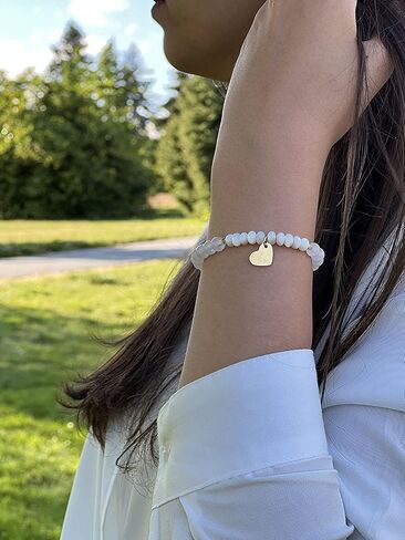 Adjustable White Jade & Mother of Pearl Bracelet for Women – Handmade Macrame Heart Charm Bracelet – Gift-Ready Jewelry for Small to Large Wrists by Mana Gallery in Saudi Arabia