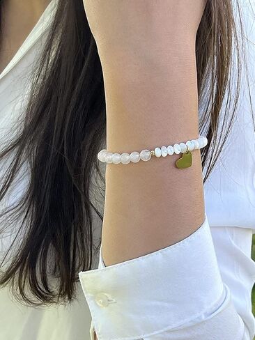 Adjustable White Jade & Mother of Pearl Bracelet for Women – Handmade Macrame Heart Charm Bracelet – Gift-Ready Jewelry for Small to Large Wrists by Mana Gallery in Saudi Arabia