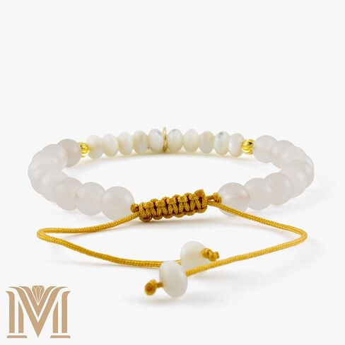 Adjustable White Jade & Mother of Pearl Bracelet for Women – Handmade Macrame Heart Charm Bracelet – Gift-Ready Jewelry for Small to Large Wrists by Mana Gallery in Saudi Arabia