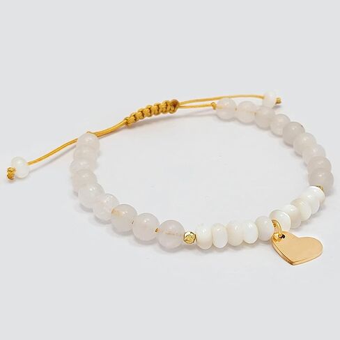 Adjustable White Jade & Mother of Pearl Bracelet for Women – Handmade Macrame Heart Charm Bracelet – Gift-Ready Jewelry for Small to Large Wrists by Mana Gallery in Saudi Arabia