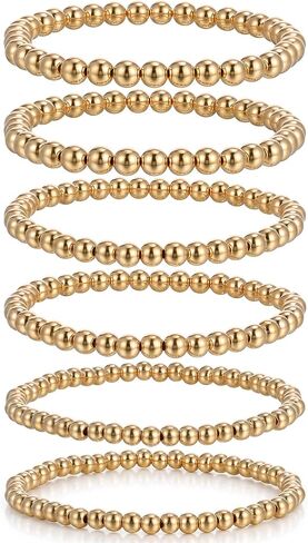 6Pcs Gold Bracelet for Women Stretchable Elastic Gold Strand Bead Ball Bracelet Non Tarnish Trendy Bohemian Jewelry Waterproof Stackable Golden Bracelets for Women in Kuwait