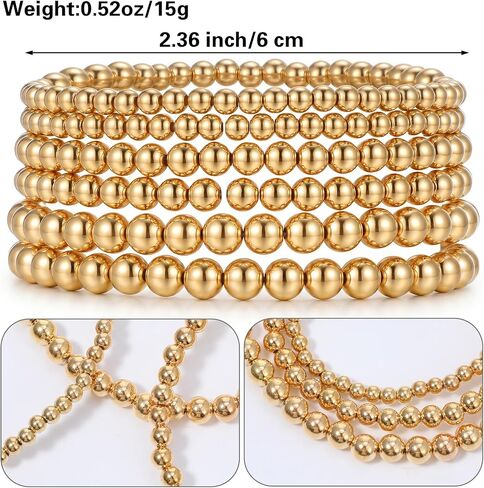 6Pcs Gold Bracelet for Women Stretchable Elastic Gold Strand Bead Ball Bracelet Non Tarnish Trendy Bohemian Jewelry Waterproof Stackable Golden Bracelets for Women in Kuwait