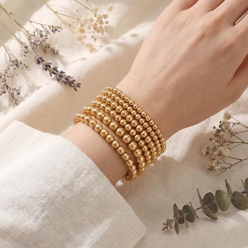 6Pcs Gold Bracelet for Women Stretchable Elastic Gold Strand Bead Ball Bracelet Non Tarnish Trendy Bohemian Jewelry Waterproof Stackable Golden Bracelets for Women in Kuwait