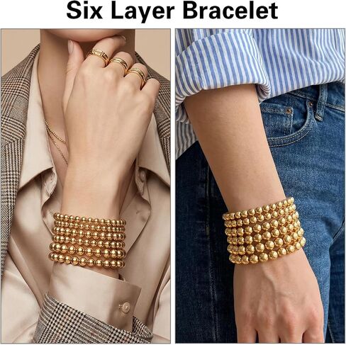 6Pcs Gold Bracelet for Women Stretchable Elastic Gold Strand Bead Ball Bracelet Non Tarnish Trendy Bohemian Jewelry Waterproof Stackable Golden Bracelets for Women in Kuwait