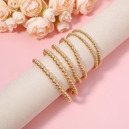 6Pcs Gold Bracelet for Women Stretchable Elastic Gold Strand Bead Ball Bracelet Non Tarnish Trendy Bohemian Jewelry Waterproof Stackable Golden Bracelets for Women in Kuwait