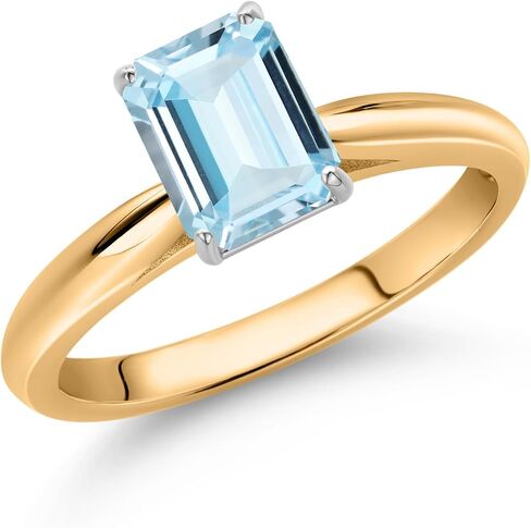 Gem Stone King 0.80 Cttw Sky Blue Aquamarine Solitaire Engagement Ring for Women | 10K Yellow and White Gold | Emerald Cut 7X5MM | Wedding Engagement Anniversary Promise Ring For Women in Kuwait
