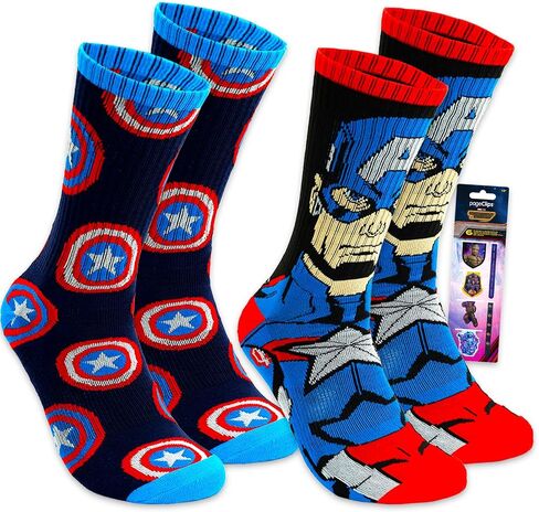 Captain America Sock Set - Bundle with 2 Pairs of Marvel Crew Socks One-Size Fits All Plus Bookmark | Captain America Gift Set for Men, Women in Kuwait