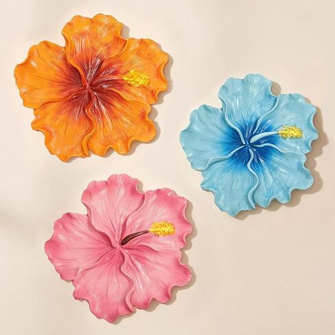 Yinder 3 Pcs Tropical Wall Decor 7.87 Inches Hawaiian Hibiscus Wall Art Blue Pink Orange Floral Hanging Sculpture Decoration for Sumemr Tropical Hawaiian Living Room Bedroom Kitchen Porch Cafe Decor in Kuwait