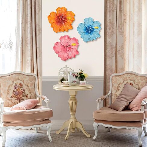 Yinder 3 Pcs Tropical Wall Decor 7.87 Inches Hawaiian Hibiscus Wall Art Blue Pink Orange Floral Hanging Sculpture Decoration for Sumemr Tropical Hawaiian Living Room Bedroom Kitchen Porch Cafe Decor in Kuwait