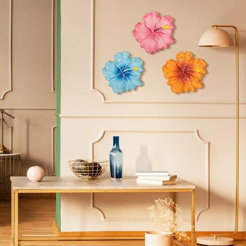 Yinder 3 Pcs Tropical Wall Decor 7.87 Inches Hawaiian Hibiscus Wall Art Blue Pink Orange Floral Hanging Sculpture Decoration for Sumemr Tropical Hawaiian Living Room Bedroom Kitchen Porch Cafe Decor in Kuwait