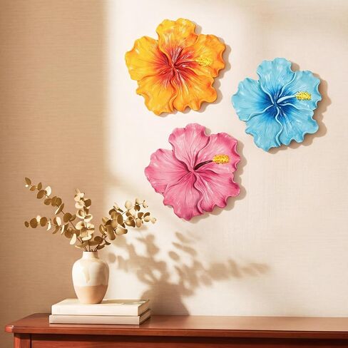 Yinder 3 Pcs Tropical Wall Decor 7.87 Inches Hawaiian Hibiscus Wall Art Blue Pink Orange Floral Hanging Sculpture Decoration for Sumemr Tropical Hawaiian Living Room Bedroom Kitchen Porch Cafe Decor in Kuwait