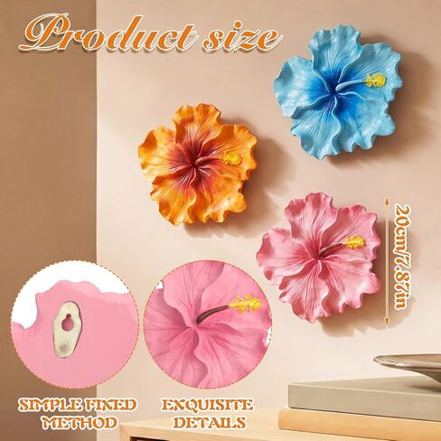 Yinder 3 Pcs Tropical Wall Decor 7.87 Inches Hawaiian Hibiscus Wall Art Blue Pink Orange Floral Hanging Sculpture Decoration for Sumemr Tropical Hawaiian Living Room Bedroom Kitchen Porch Cafe Decor in Kuwait