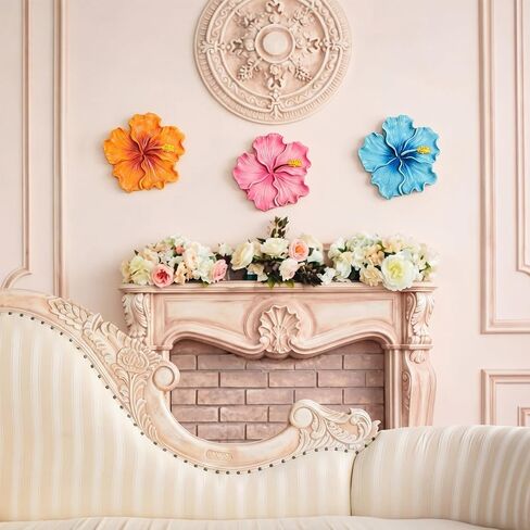 Yinder 3 Pcs Tropical Wall Decor 7.87 Inches Hawaiian Hibiscus Wall Art Blue Pink Orange Floral Hanging Sculpture Decoration for Sumemr Tropical Hawaiian Living Room Bedroom Kitchen Porch Cafe Decor in Kuwait