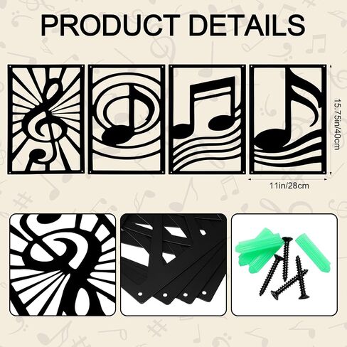 Yerliker 4 Pcs Metal Music Notes Wall Art Abstract Modern Minimalist Black Sculptural Wall Decor for Living Room Office Music Room or Studio Ready to Hang Contemporary Metal Home Decorations in Kuwait