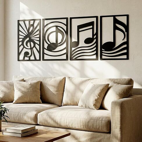 Yerliker 4 Pcs Metal Music Notes Wall Art Abstract Modern Minimalist Black Sculptural Wall Decor for Living Room Office Music Room or Studio Ready to Hang Contemporary Metal Home Decorations in Kuwait