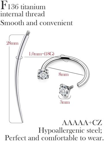 18g Horseshoe Nose Ring F136 Titanium for Women Internal Thread Double Gem Horse Shoe Nose Ring Hoop Cartilage Helix Tragus Earring Hoops Labret Lip Piercing Jewelry Small Septum Rings in Saudi Arabia