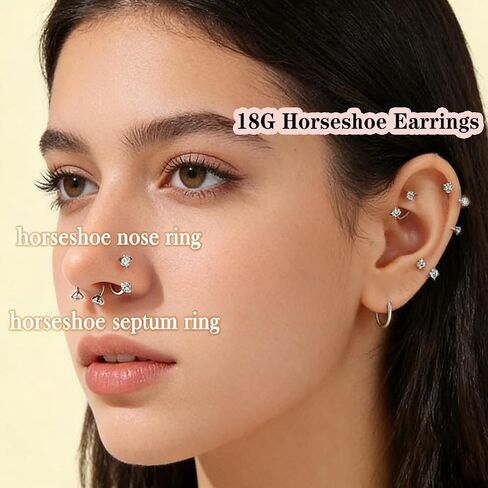 18g Horseshoe Nose Ring F136 Titanium for Women Internal Thread Double Gem Horse Shoe Nose Ring Hoop Cartilage Helix Tragus Earring Hoops Labret Lip Piercing Jewelry Small Septum Rings in Saudi Arabia