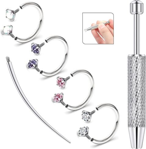 18g Horseshoe Nose Ring F136 Titanium for Women Internal Thread Double Gem Horse Shoe Nose Ring Hoop Cartilage Helix Tragus Earring Hoops Labret Lip Piercing Jewelry Small Septum Rings in Saudi Arabia