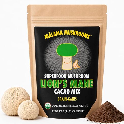 Malama Organic Mushroom Hot Cacao Mix, Lion's Mane Mushroom Powder with Fair Trade Cacao for Focus, Memory, & Immune Support – Vegan Superfood, Non GMO, 3.5 oz (50 Servings) in Kuwait