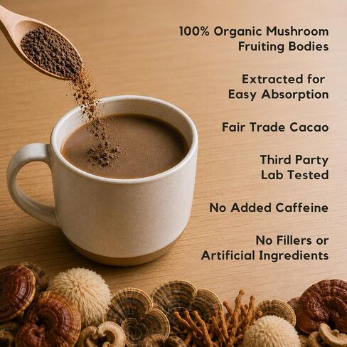 Malama Organic Mushroom Hot Cacao Mix, Lion's Mane Mushroom Powder with Fair Trade Cacao for Focus, Memory, & Immune Support – Vegan Superfood, Non GMO, 3.5 oz (50 Servings) in Kuwait