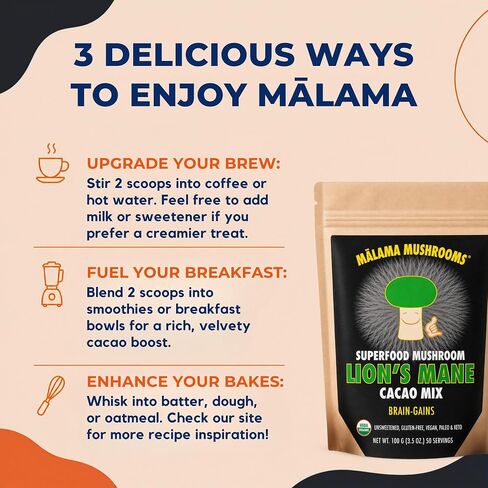 Malama Organic Mushroom Hot Cacao Mix, Lion's Mane Mushroom Powder with Fair Trade Cacao for Focus, Memory, & Immune Support – Vegan Superfood, Non GMO, 3.5 oz (50 Servings) in Kuwait