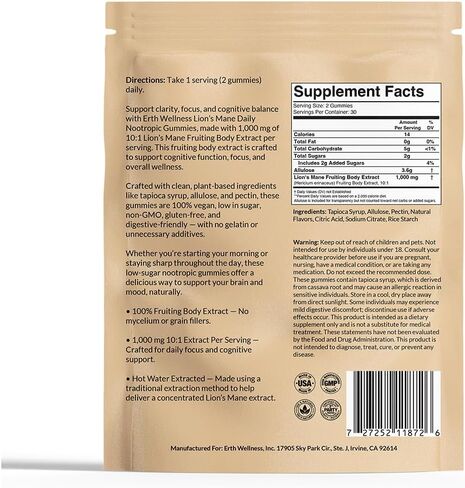 Lion’s Mane Mushroom Gummies – 1000mg Fruiting Body Extract per Serving – Brain & Focus Support – Daily Nootropic – Vegan, Low Sugar, Non-GMO – 60 Ct in Kuwait