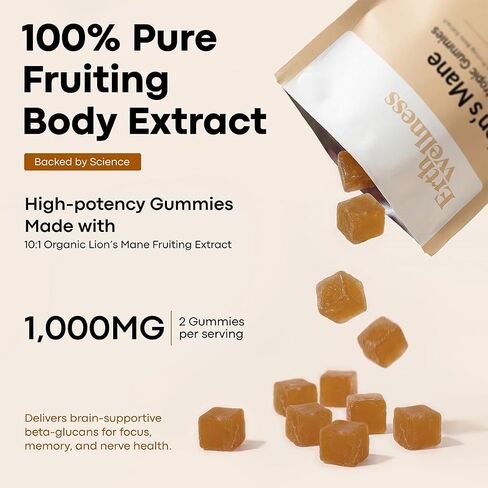 Lion’s Mane Mushroom Gummies – 1000mg Fruiting Body Extract per Serving – Brain & Focus Support – Daily Nootropic – Vegan, Low Sugar, Non-GMO – 60 Ct in Kuwait