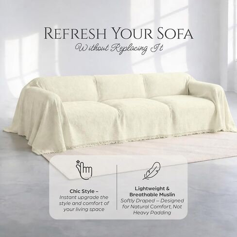 Cloud Like Sofa Cover %100 Pure Cotton, Gauze Couch Covers for Sectional, 3 Seater, 4 Seater Sofa, Extra Large 4 Layered Muslin Natural Fabric, Washable Couch Cover (Cream, 95x150" / 240x380 cm) in Saudi Arabia