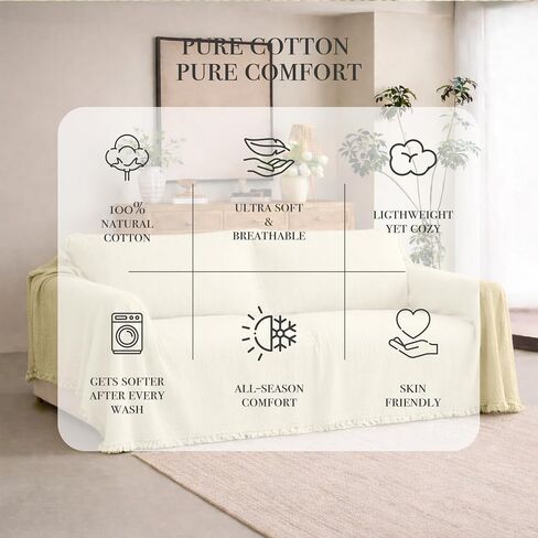 Cloud Like Sofa Cover %100 Pure Cotton, Gauze Couch Covers for Sectional, 3 Seater, 4 Seater Sofa, Extra Large 4 Layered Muslin Natural Fabric, Washable Couch Cover (Cream, 95x150" / 240x380 cm) in Saudi Arabia