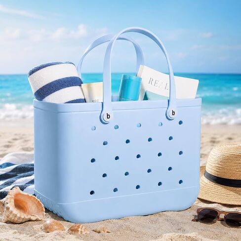 Large Tote Beach Bag, Eva Foam, Light Blue, 18" L x 9" W x 14" H, Waterproof and Sandproof, Washable, Ventilated, for Beach, Pool, Groceries, Work, Sports in Kuwait