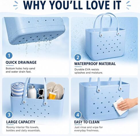 Large Tote Beach Bag, Eva Foam, Light Blue, 18" L x 9" W x 14" H, Waterproof and Sandproof, Washable, Ventilated, for Beach, Pool, Groceries, Work, Sports in Kuwait