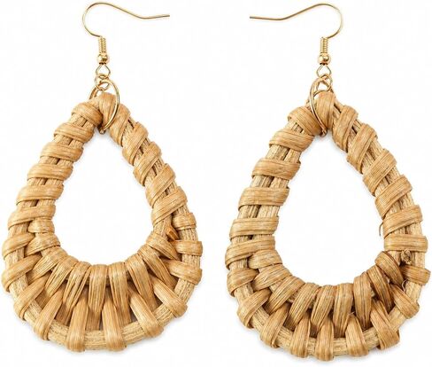 Handmade Rattan Teardrop Dangle Earrings for Women, Lightweight Boho Woven Statement Earrings with Gold Fish Hook, Natural Straw Weave Vacation Jewelry for Summer Beach in Saudi Arabia