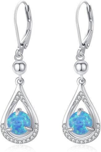 KINGWHYTE Opal Dangle Earrings Drop Birthstone Earrings 925 Sterling Silver Leverback Earring 14K White Gold Birthday Anniversary Fine Jewelry for Women Girls in Kuwait