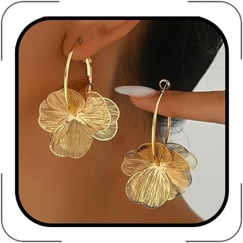 Flower Earrings for Women, Gold Silver Filigree Floral Dangle Hoop Earrings Trendy Statement Hook Earring Spring Summer Flowers Jewelry Accessories in Saudi Arabia