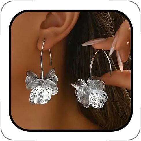 Flower Earrings for Women, Gold Silver Filigree Floral Dangle Hoop Earrings Trendy Statement Hook Earring Spring Summer Flowers Jewelry Accessories in Saudi Arabia