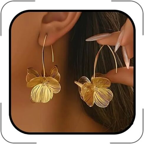 Flower Earrings for Women, Gold Silver Filigree Floral Dangle Hoop Earrings Trendy Statement Hook Earring Spring Summer Flowers Jewelry Accessories in Saudi Arabia