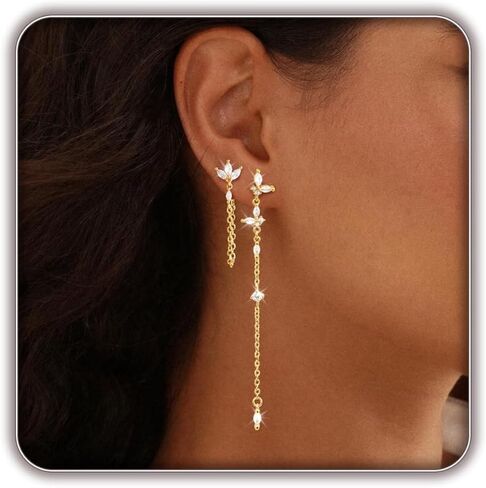 14K Gold Plated Threader Earrings for Women, Dainty CZ Drop Earrings, Trendy Small Long Dangle Jewelry, Silver Plated Cubic Zirconia Cute Earring Hoop Valentine Gifts in Saudi Arabia