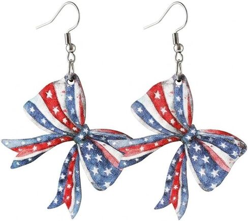 Handmade American Flag Bow Earrings for Women, Patriotic July 4th Fourth of July Star and Stripes Dangle Earrings, Lightweight Wood Independence Day Jewelry Gifts in Kuwait