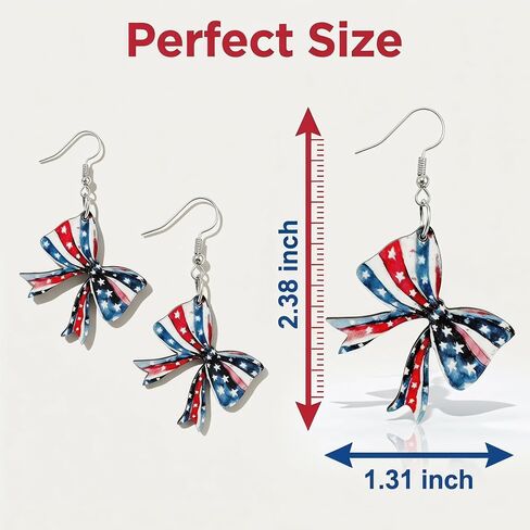 Handmade American Flag Bow Earrings for Women, Patriotic July 4th Fourth of July Star and Stripes Dangle Earrings, Lightweight Wood Independence Day Jewelry Gifts in Kuwait