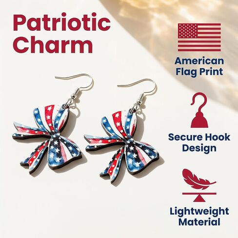 Handmade American Flag Bow Earrings for Women, Patriotic July 4th Fourth of July Star and Stripes Dangle Earrings, Lightweight Wood Independence Day Jewelry Gifts in Kuwait